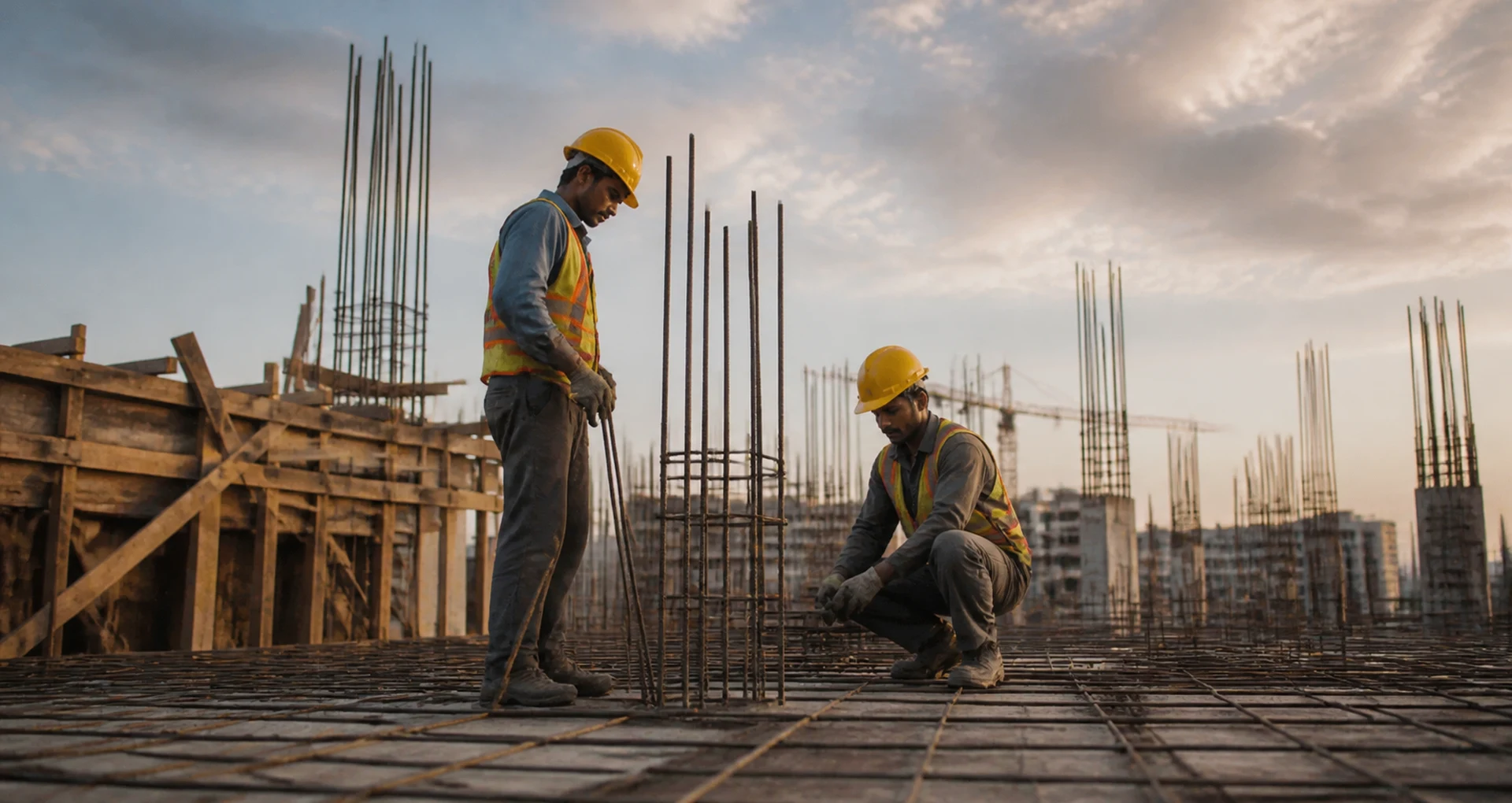 Construction workers preparing reinforced concrete on an active building site